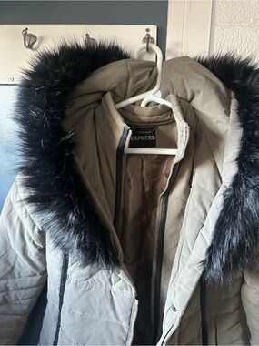 Express Quilted Taupe Puffer Coat with Black Faux Fur Hood